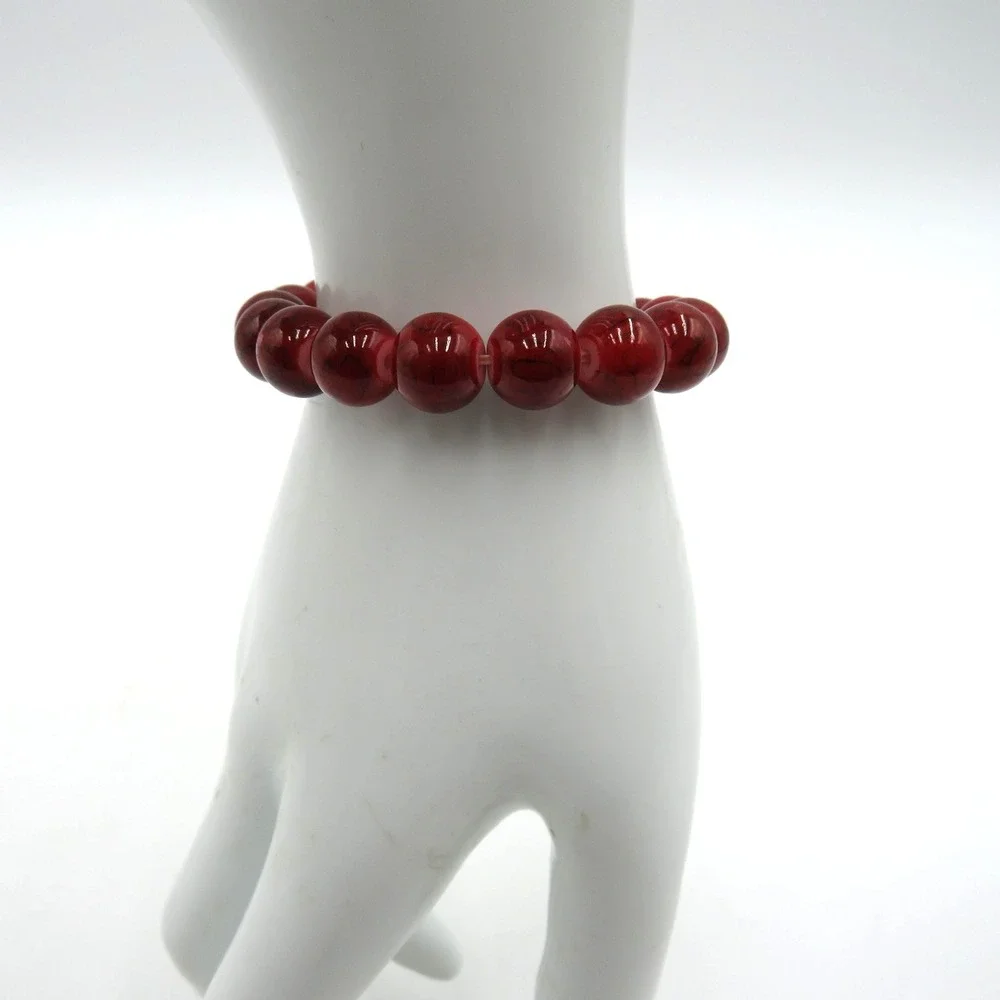 Red Beaded Stretch Bracelet Round Glossy Marbled Beads‎ Fashion Jewelry Unisex
